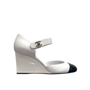 Chanel Lambskin Patent Cap Toe Mary Jane Wedge Pumps White Black 36